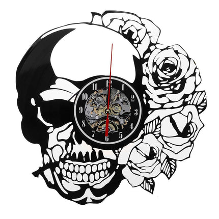 Steampunk vinylové hodiny s lebkou