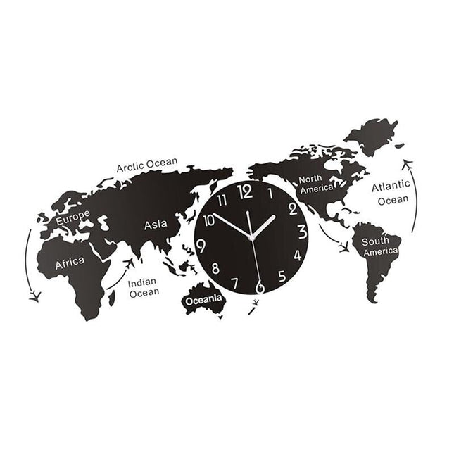 Velké černé nástěnné hodiny mapa světa