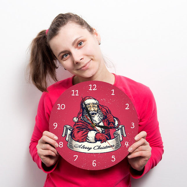 Vánoční červené nástěnné hodiny se Santou