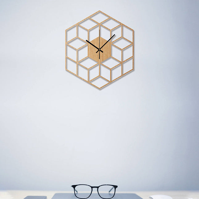 Geometrické dřevěné hodiny 3D kostky