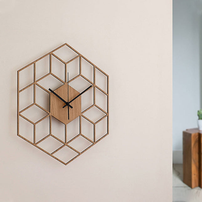 Geometrické dřevěné hodiny 3D kostky