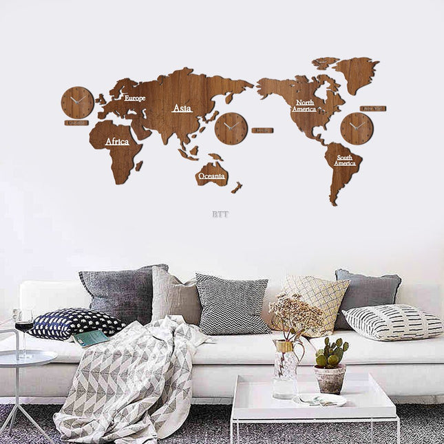 Dřevěné nástěnné hodiny mapa světa