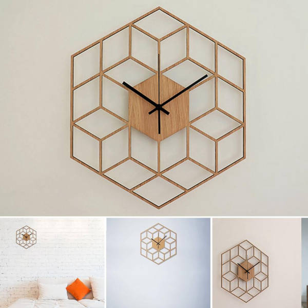 Geometrické dřevěné hodiny 3D kostky