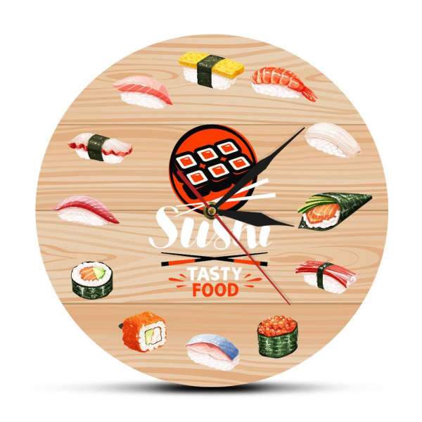 Dřevěné kuchyňské hodiny s motivem sushi